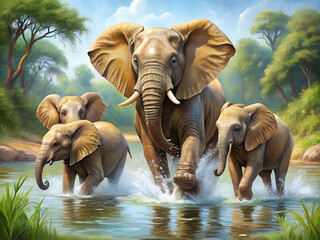 A group of elephants, mother and three baby elephants, splashing happily in the water against a tropical forest backdrop