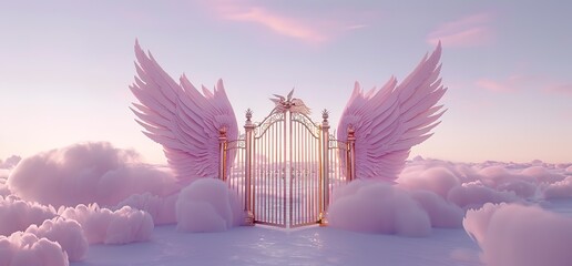 A pair of large pink angel wings frame a golden gate, set against a backdrop of fluffy clouds. A dreamy, ethereal, and celestial scene evoking a sense of hope and possibility.
