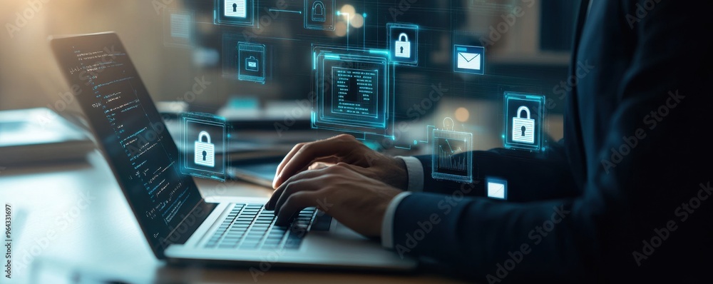 Poster businessman typing on laptop with digital security icons representing cybersecurity and secure data 