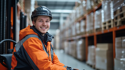 A smiling young man in an orange jacket and helmet is sitting on a forklift in a modern warehouse with shelves full of boxes. This appears to be a professional photograph.