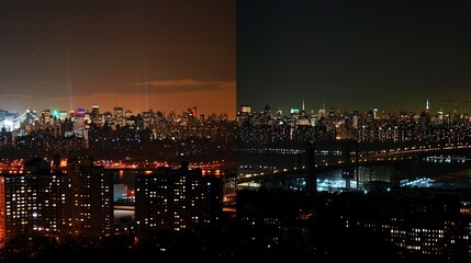 Fototapeta premium A split image of the New York City skyline at night.