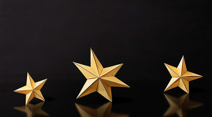 Obraz premium An origami star made from golden paper, centered on a plain black backdrop with ample copy space. The shiny, reflective paper contrasts against the dark background, symbolizing achievement, success, 