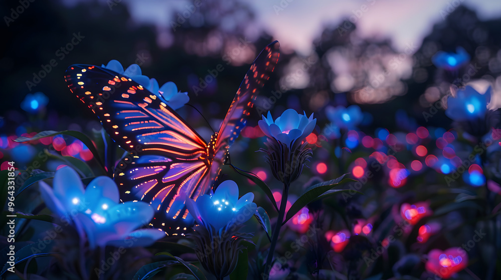 Poster butterfly garden where wings display dynamic qr codes and flower nectar glistens with bioluminescent