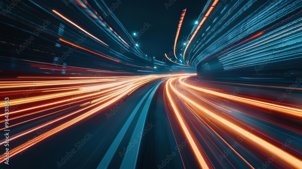 Poster dynamic high speed road with streaks of light creating sense of motion and energy.