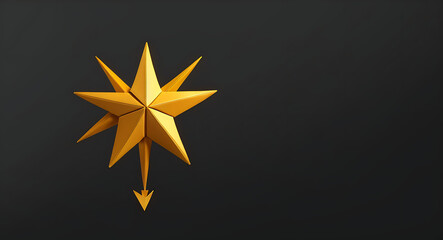 An origami star made from golden paper, centered on a plain black backdrop with ample copy space. The shiny, reflective paper contrasts against the dark background, symbolizing achievement, success, 