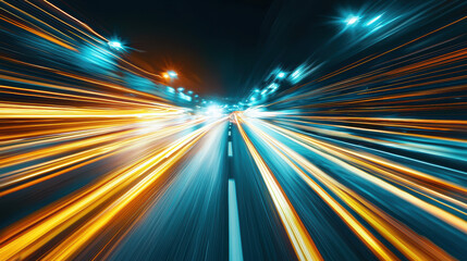 Obraz premium A dynamic high speed road with streaks of light creates sense of motion and energy. vibrant colors of blue and orange illuminate scene, enhancing feeling of speed.