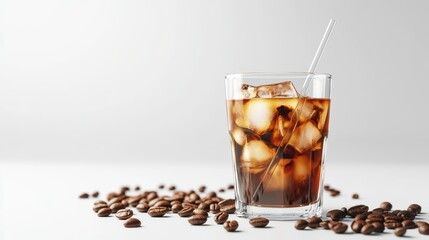 A clear glass of iced coffee with ice cubes and straw, surrounded by coffee beans, creates refreshing and inviting scene. 