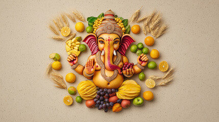 A vibrant top view image of Lord Ganesh surrounded by an array of colorful fruits, symbolizing abundance and prosperity.