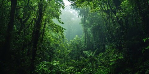 Obraz premium Lush green forest with dense foliage, misty atmosphere, and vibrant plant life, creating a serene natural landscape.