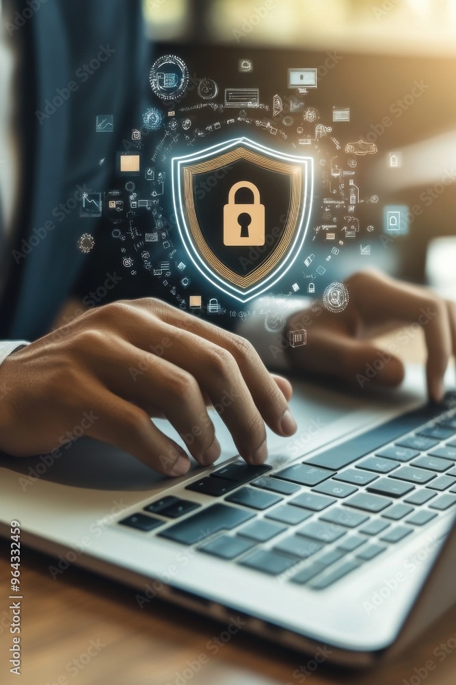 Poster businessman working on laptop with data security interface symbolizing cybersecurity and digital pro