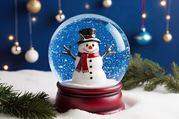 Obraz premium Joyful Snow Globe Scene Featuring a Whimsical Snowman Against a Beautiful Blue Christmas Background