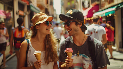 Candid close-up of two young European friends sharing ice cream on a busy street 