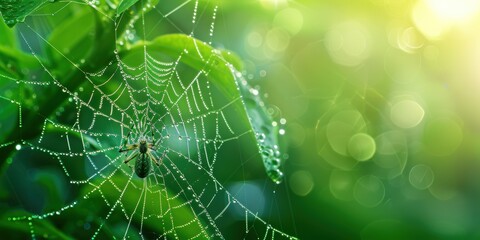 Close-up of dew on a spider web in a natural setting, reflecting themes of ecology and sustainability with an insect on a plant in the garden during morning