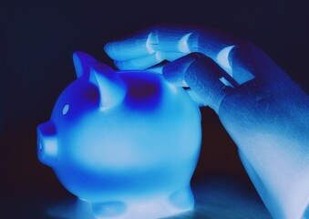 Robotic hand protecting a piggy bank.