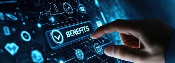 A businessman's finger touches a digital icon in a virtual interface highlighting technology benefits and innovation