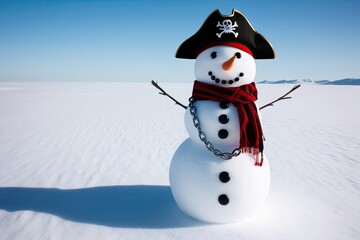 Fototapeta premium Unique Snowman in a Pirate Hat with a Chain Scarf on a Bright White Expanse