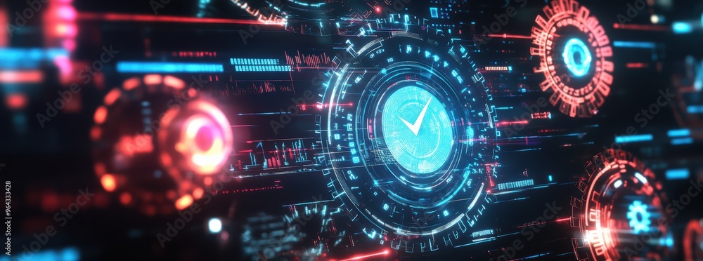 Poster futuristic digital interface with holographic elements and glowing graphics. this high tech design s