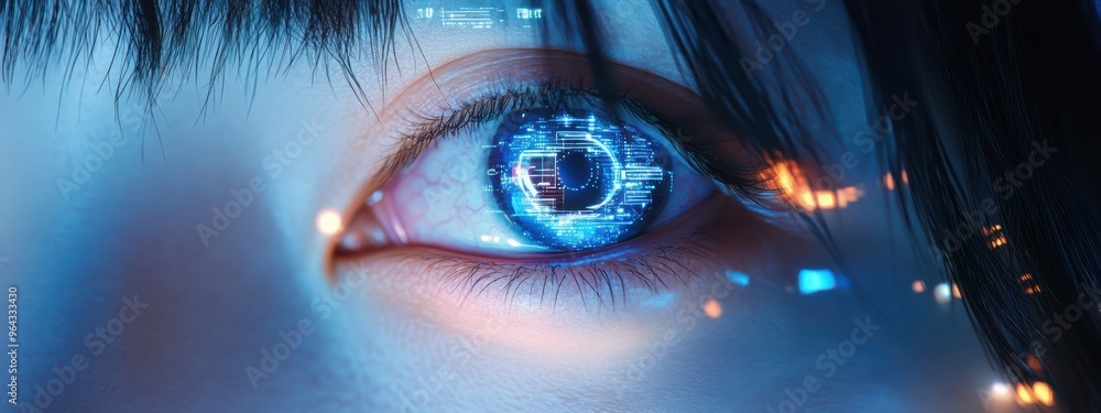 Poster futuristic eye with digital data visualization, showcasing advanced technology and intricate details