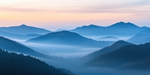 Serene mountain landscape with misty peaks, blending shades of blue and soft gradients at dawn, creating a tranquil atmosphere.