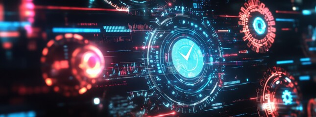 Futuristic digital interface with holographic elements and glowing graphics. This high tech design showcases intricate patterns and vibrant colors, evoking sense of advanced technology. 