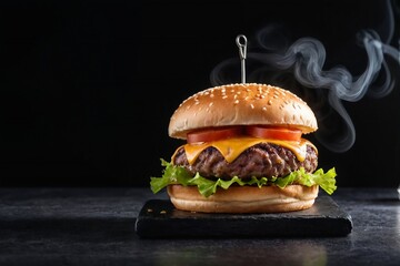 A delicious fresh burger on the table against a black background with copy space.