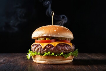A delicious fresh burger on the table against a black background with copy space.