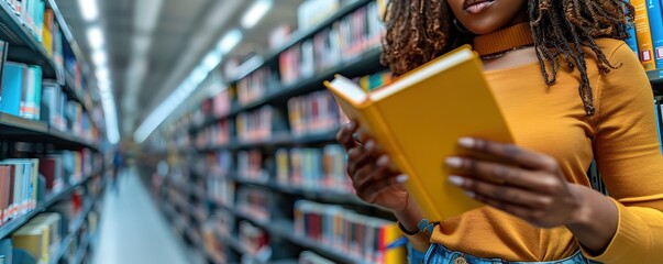 Young woman in a library reading a yellow book. The shelves are full of books, creating a sense of knowledge and learning.