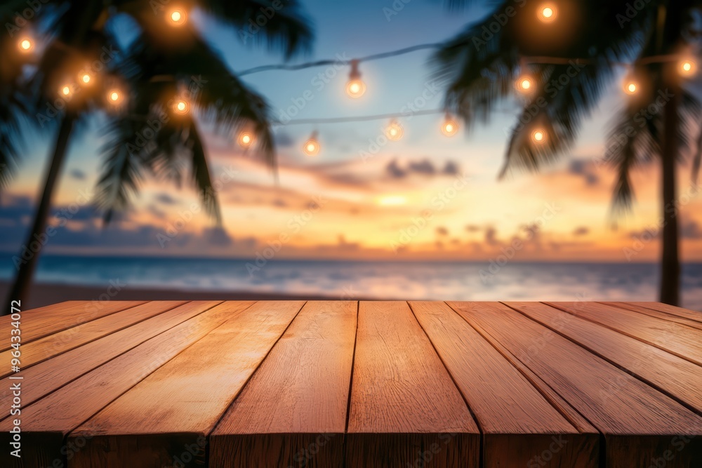 Poster a wooden table top with blurred background of palm trees and string lights, creating warm and inviti