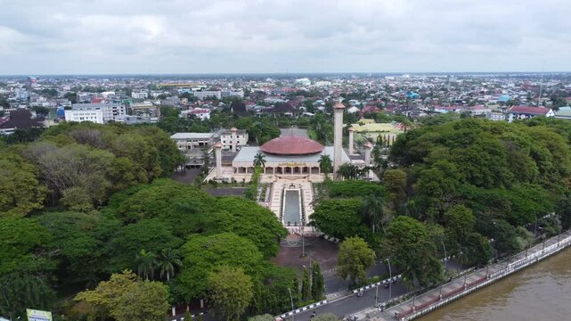 Aerial view of the largest mosque in Banjarmasin, South Kalimantan, Sabilal Muhtadin Mosque