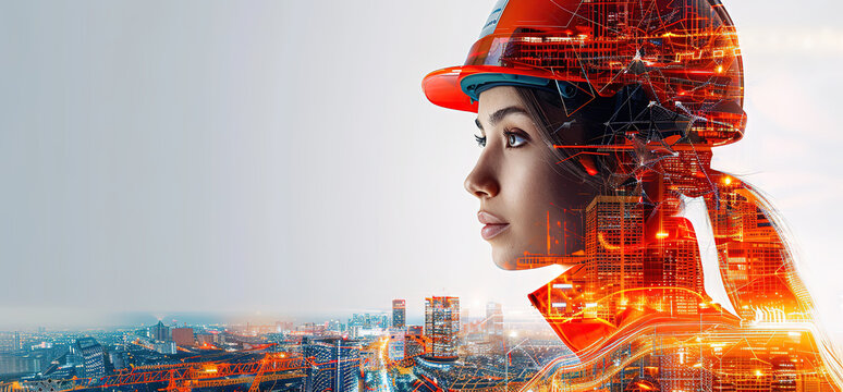 A woman in a hard hat with a digital overlay looking at a city skyline. She is a symbol of innovation and progress.