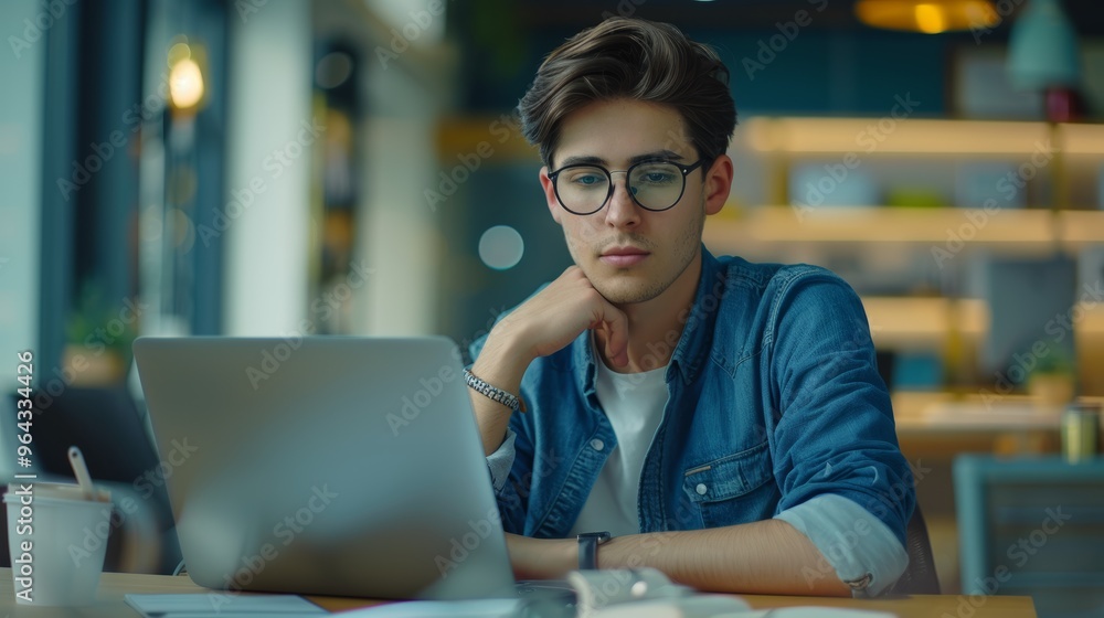Poster professional contemplating at laptop in workspace for startup management and strategy. individual de
