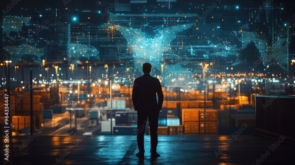 Poster a businessman operates a glowing smart logistics interface, symbolizing global distribution networks