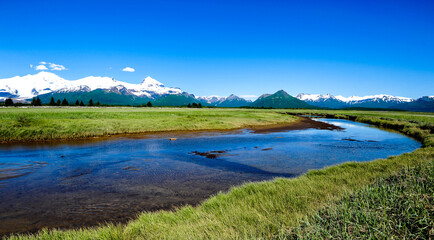 Creek with Aleutian Range in Hallo Bay, Katmair, Alaska, U.S.