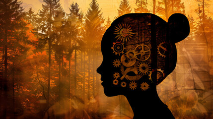 Child's silhouette filled with gears and clockwork and forest canopy background 