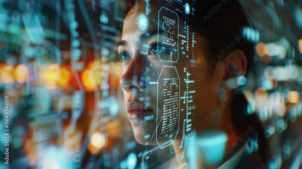 Poster holographic data and trading interface with a professional using a phone to interact with nft code i