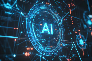 High-tech interface with glowing AI letters surrounded by intricate digital patterns and neon blue accents