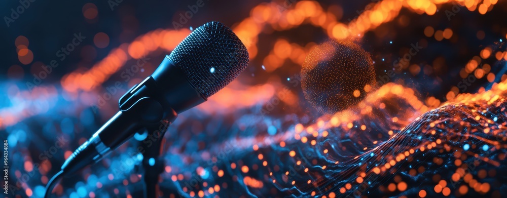 Poster digital sound wave with microphone and hologram creates vibrant atmosphere. glowing patterns and col