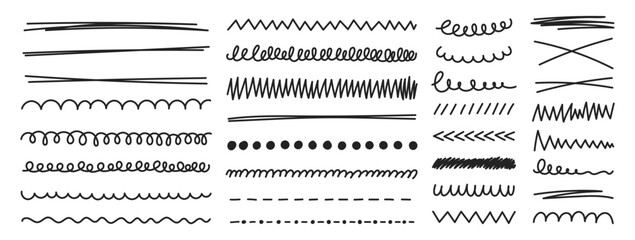Hand drawn collection of curly, squiggly, wavy, zigzag lines. Horizontal handwritten elements for highlight or divider. Vector illustration.