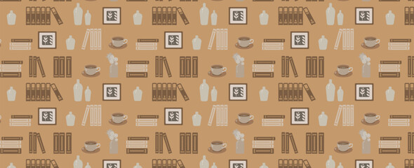 Fototapeta premium Pattern with books, mugs and flowers. Vector Seamless background. Reading, interior and library themed illustration.
