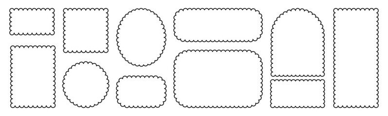 Set of frames with squiggly of wavy edges. Stamps with rectangle and circle shapes. Outline vector illustration.