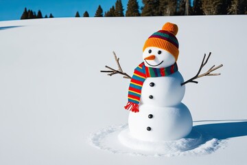 Obraz premium Lovable Snowman with Colorful Hat and Scarf on Pristine White Surface