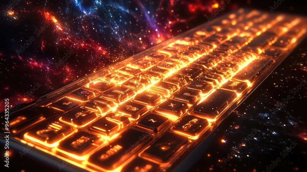 Poster a computer keyboard glowing with cosmic energy, with each keystroke controlling the formation of sta