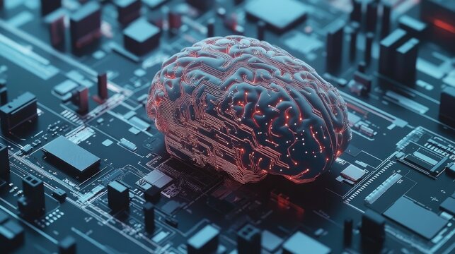 A detailed, futuristic image of a brain connected to a computer via microchips and circuitry, representing digital control over human cognition.