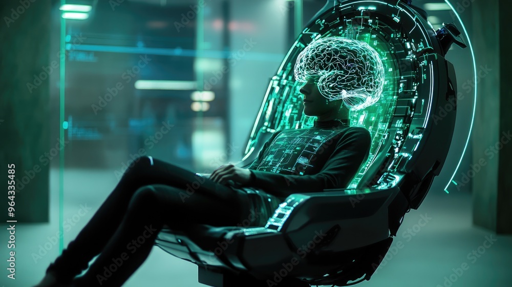 Poster a person in a high-tech chair with their brain connected to a complex digital control system, where 
