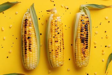 Fototapeta premium Grilled corn on cob with vibrant yellow background creates delightful summer vibe. 