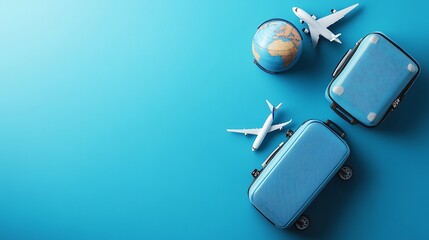 A clean, blue background features a suitcase, globe, and airplane in a flat lay arrangement. 