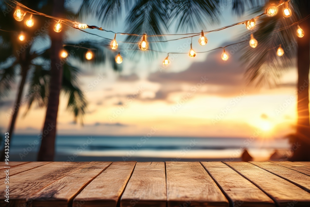 Poster a wooden table top is set against blurred beach scene with palm trees and glowing string lights, cre