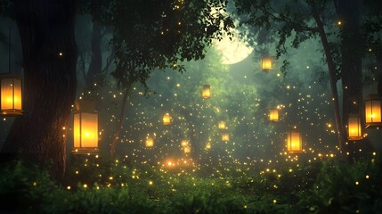 Naklejka premium Dreamy Forest with Floating Lanterns and Fireflies, Creating a Magical and Joyful Nighttime Atmosphere.