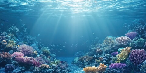 Obraz premium Vibrant underwater scene featuring colorful coral reefs and sparkling sunlight filtering through crystal-clear ocean water.