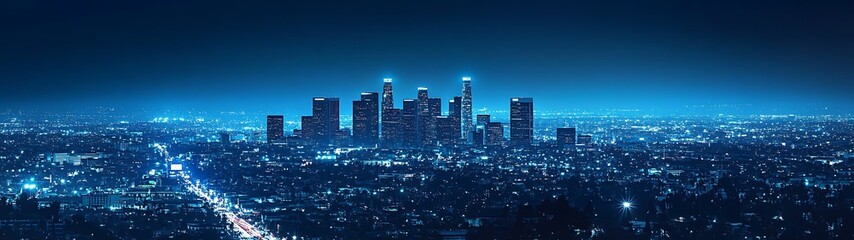 Midnight Majesty: Hyper-Realistic Blue-Toned Los Angeles Skyline at Night